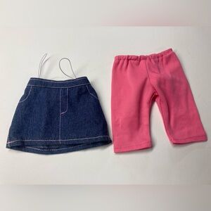NW/OT. Set Of 2 DOLL Clothes. 1 Pair Of Stretchy Pink Pants. 1 Denim Skirt.